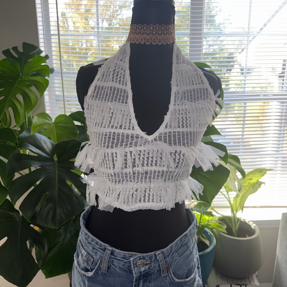 AKIRA White Fringe Lace Crop Top